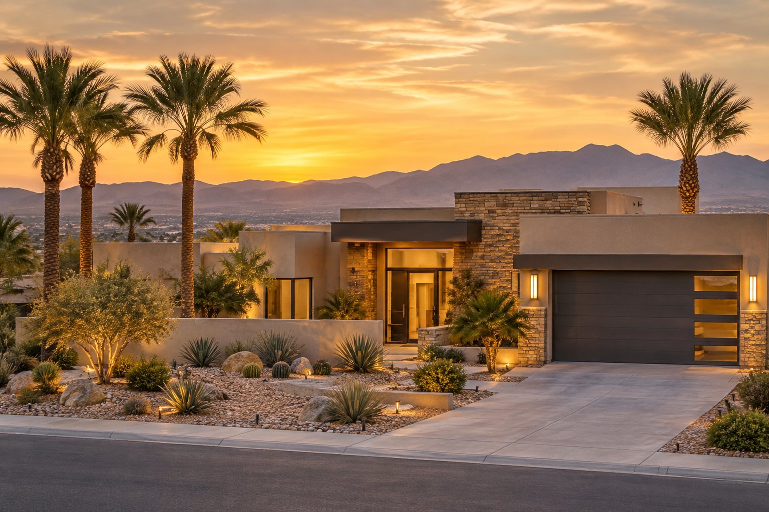 A Las Vegas Valley neighborhood street at golden hour, illustrative