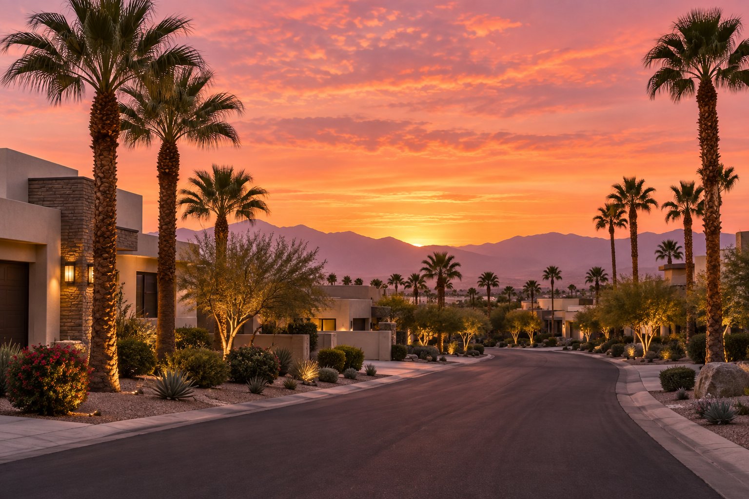 A residential Las Vegas Valley street at sunset, illustrative