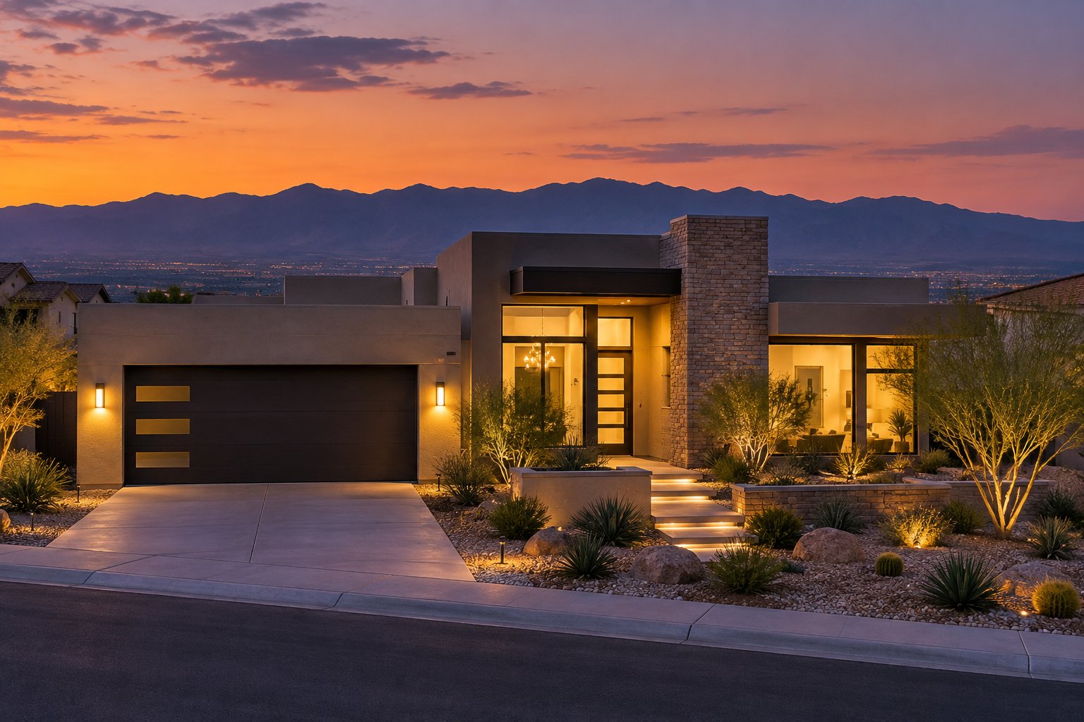 A Las Vegas Valley home exterior at dusk, illustrative