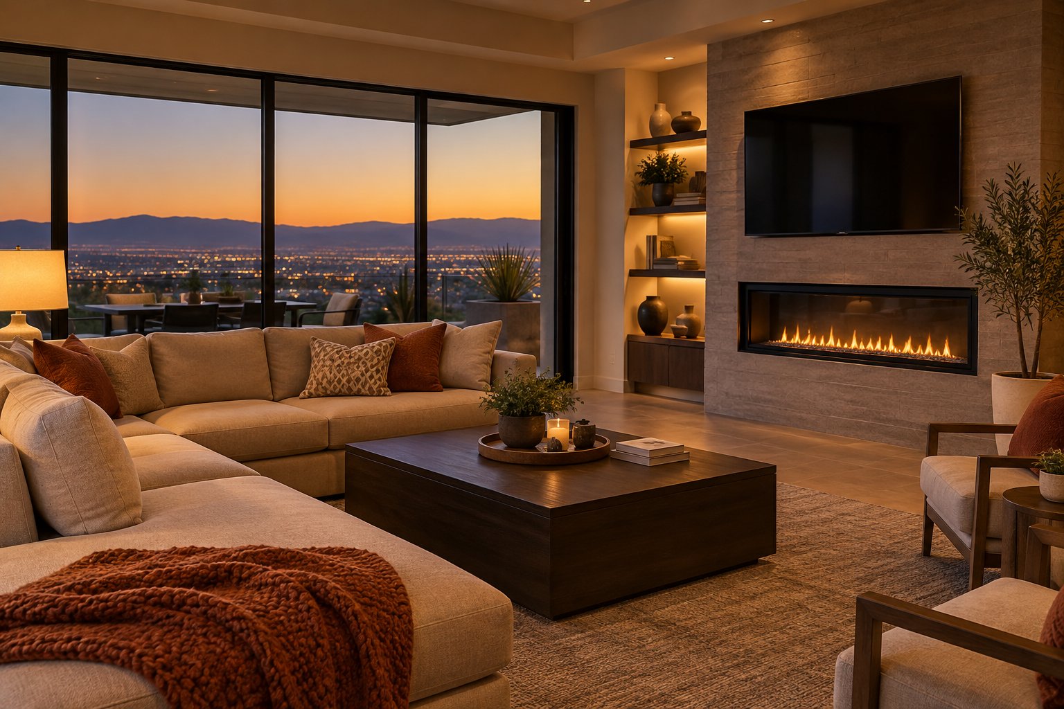 A cozy Las Vegas Valley living room, illustrative
